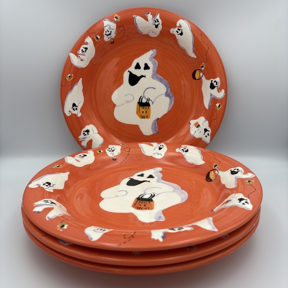 White Barn Candle Co 11 in Plate Set Of 4 Halloween Orange Ghost Trick Or Treat